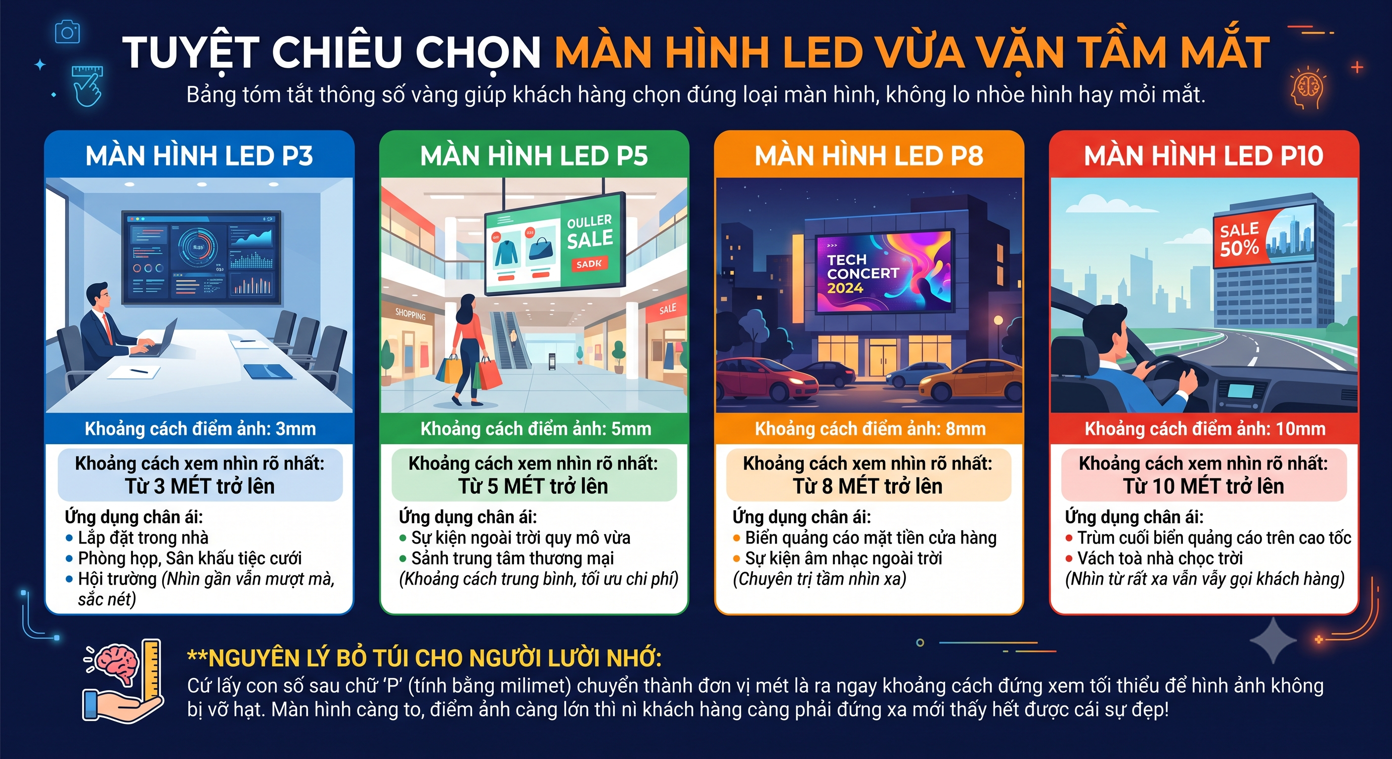 so sánh Pixel Pitch màn hình LED ngoài trời P3 P5 P8 P10